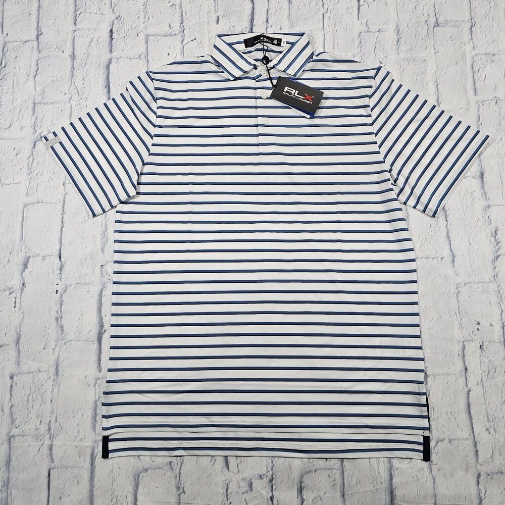 RLX Polo Ralph Lauren MENS SZ M White Blue Striped Short Sleeve Wicking Shirt